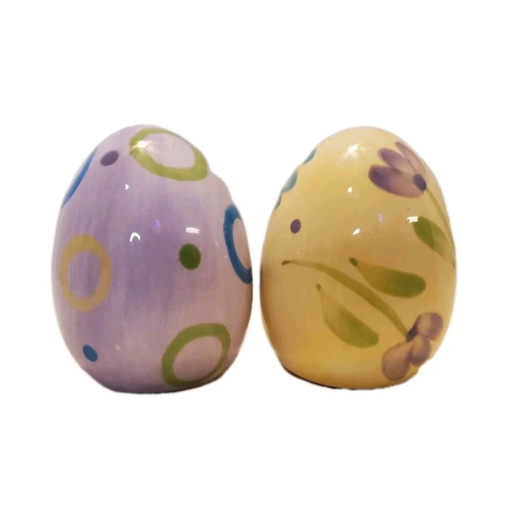 Shakers Glazed Easter Eggs Salt Pepper Set, Purple & Yellow W/ Flowers & Circle